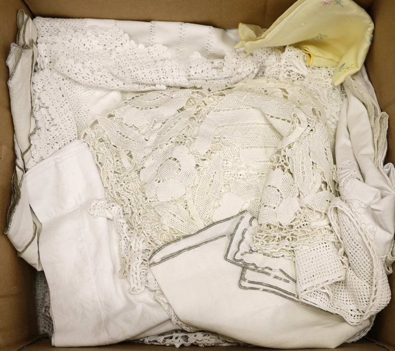 A collection of mixed late 19th and 20th century crochet and lace edged linens